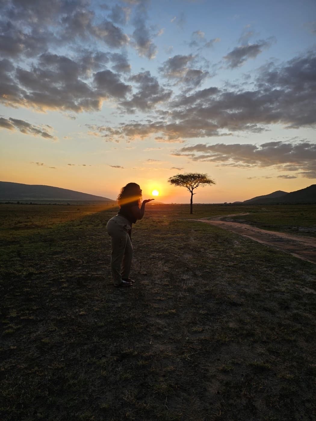 A traveler silhouetted against a golden safari sunset